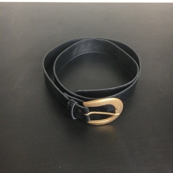 Black vintage belt 90s vintage belt Waisted genuine leather belt Gold buckle belt 80s black belt